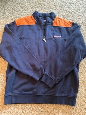 Vineyard Vines Navy Quarter-Zip Sweater with Orange Shoulder Panels